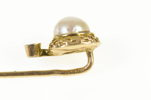10K Victorian Pearl Diamond Accent Filigree Stick Pin Yellow Gold