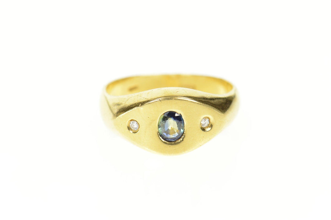 18K Men's Oval Sapphire Diamond Accent Retro Ring Size 9.75 Yellow Gold