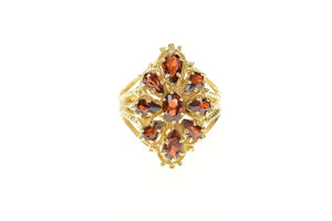 14K Ornate Oval Garnet Halo Elaborate Cocktail Ring Size 9 Yellow Gold