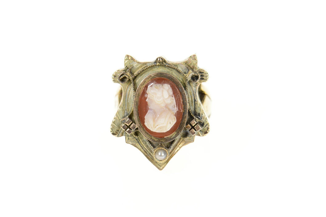 Gold Filled Ornate Victorian Cameo Seed Pearl Cocktail Ring Size 6.75