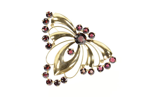 14K Ornate Syn. Garnet Retro Butterfly Moth Pin/Brooch Yellow Gold