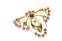 Load image into Gallery viewer, 14K Ornate Syn. Garnet Retro Butterfly Moth Pin/Brooch Yellow Gold
