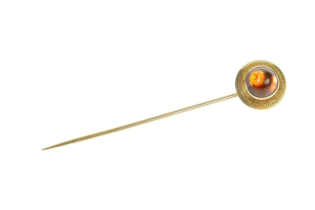 14K Victorian Ornate Citrine Cabochon Etched Stick Pin Yellow Gold
