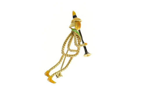 18K Retro Enamel Clarinet Musician Jazz Statement Pin/Brooch Yellow Gold