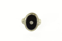 Load image into Gallery viewer, 18K Art Deco Black Onyx Diamond Etched Statement Ring Size 4.5 White Gold