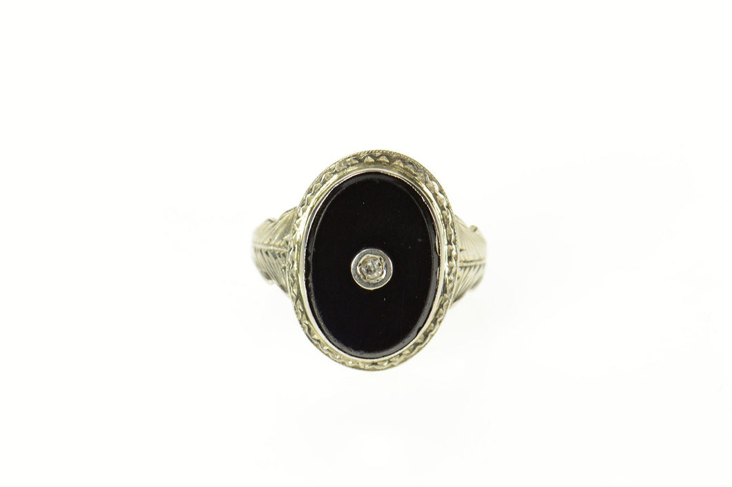 18K Art Deco Black Onyx Diamond Etched Statement Ring Size 4.5 White Gold