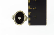Load image into Gallery viewer, 18K Art Deco Black Onyx Diamond Etched Statement Ring Size 4.5 White Gold