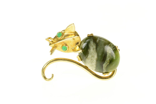 14K Retro Jasper Emerald Stylized Cat Kitten Pin/Brooch Yellow Gold