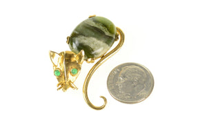 14K Retro Jasper Emerald Stylized Cat Kitten Pin/Brooch Yellow Gold