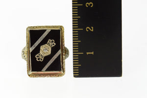 14K Ornate Art Deco Black Onyx Diamond Filigree Ring Size 6 White Gold