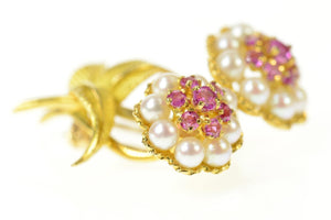 18K Retro Ruby Pearl Flower Bouquet Pin/Brooch Yellow Gold