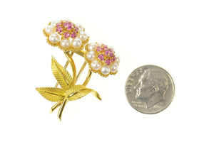 18K Retro Ruby Pearl Flower Bouquet Pin/Brooch Yellow Gold
