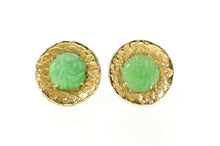 Load image into Gallery viewer, 14K 1960&#39;s Retro Carved Jade Flower Round Cuff Links Yellow Gold