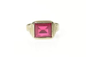 10K Art Deco Squared Syn. Ruby Men's Statement Ring Size 12 White Gold
