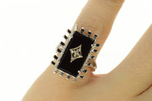 Load image into Gallery viewer, 10K Black Onyx Diamond Accent Retro Basket Trim Ring Size 5.25 White Gold