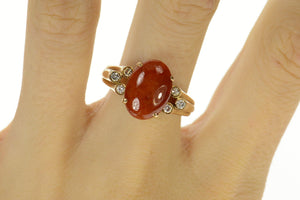 14K Ornate Oval Red Jade Diamond Victorian Ring Size 10 Yellow Gold