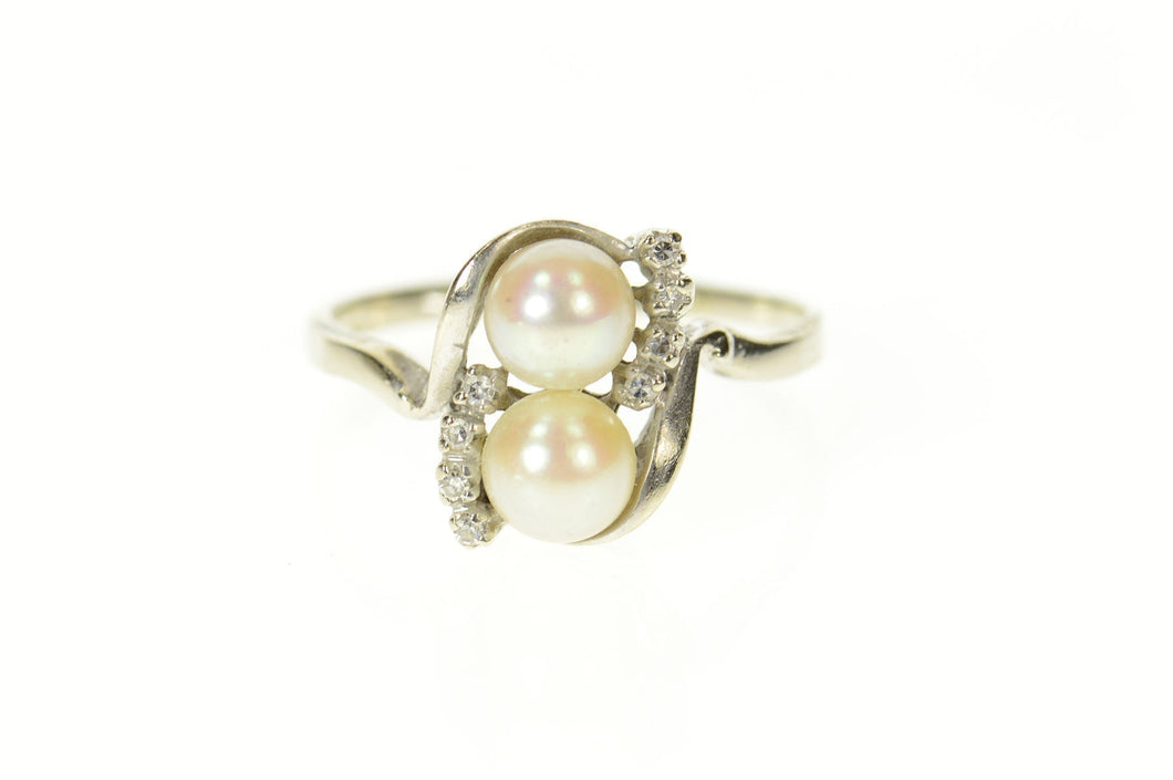 14K Diamond Two Pearl Ornate Classic Bypass Ring Size 10.5 White Gold