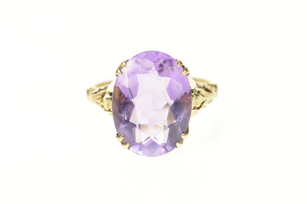 10K Oval Amethyst Solitaire Retro Cocktail Ring Size 7 Yellow Gold
