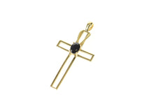 Load image into Gallery viewer, 10K Oval Sapphire Inset Classic Cross Christian Pendant Yellow Gold