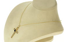 Load image into Gallery viewer, 10K Oval Sapphire Inset Classic Cross Christian Pendant Yellow Gold
