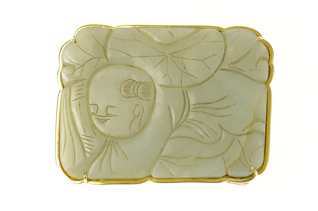 14K Ornate Carved Chinese Jade Belt Bucklet Yellow Gold