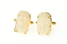 Load image into Gallery viewer, 14K Ornate Carved Light Pink Coral Buddha Head Cuff Links Yellow Gold