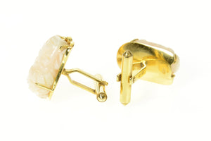 14K Ornate Carved Light Pink Coral Buddha Head Cuff Links Yellow Gold