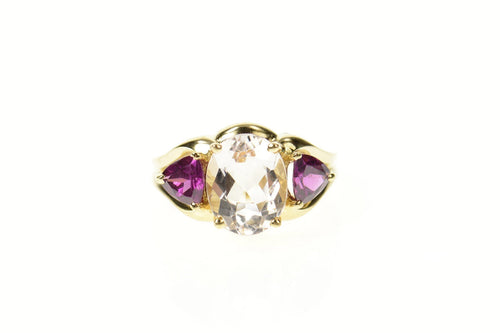 10K Three Stone Oval Cubic Zirconia Pink Tourmaline Ring Size 5 Yellow Gold