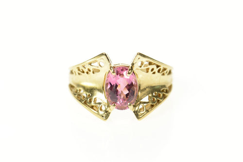 10K Oval Pink Topaz Filigree Trim Statement Ring Size 5 Yellow Gold