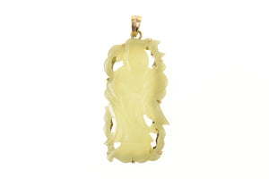 18K Chinese Jade Carved Ornate Figure Pendant Yellow Gold