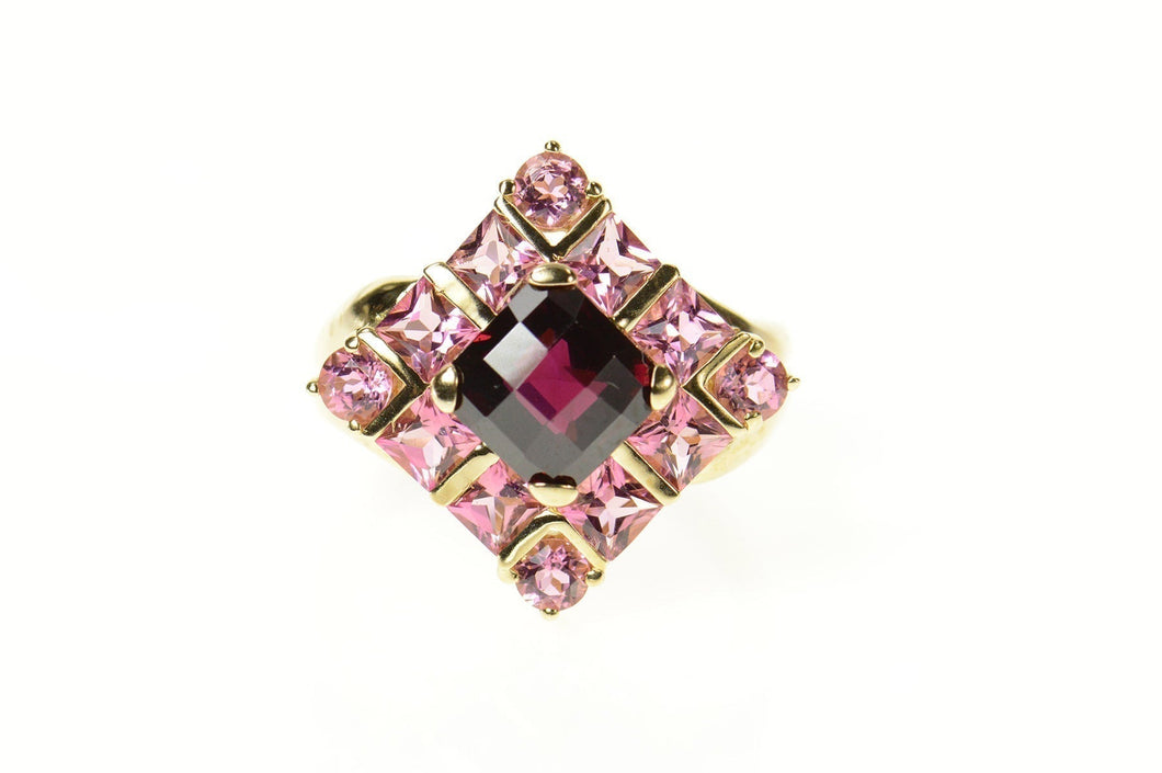 10K Faceted Cushion Garnet Pink Topaz Halo Ring Size 8.25 Yellow Gold