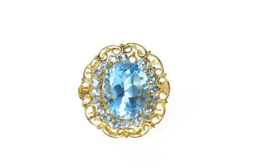 10K Oval Blue Topaz Halo Filigree Cocktail Ring Size 5.75 Yellow Gold