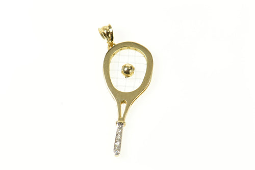 14K 3D Tennis Racket Ornate Articulated Diamond Pendant Yellow Gold