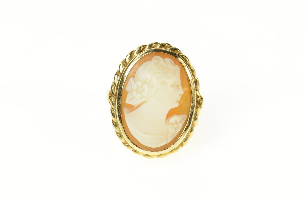 14K Retro Ornate Carved Shell Cameo Statement Ring Size 3.5 Yellow Gold