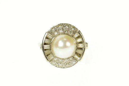 14K Classic Retro Pearl Diamond Halo Cocktail Ring Size 6 White Gold