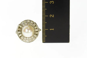 14K Classic Retro Pearl Diamond Halo Cocktail Ring Size 6 White Gold