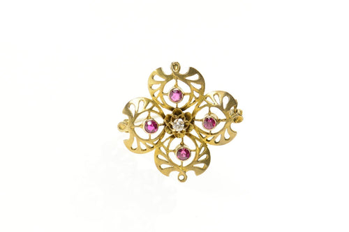 10K Victorian Syn. Ruby Diamond Clover Filigree Pin/Brooch Yellow Gold