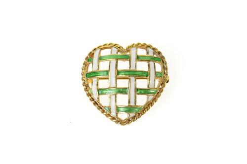 14K Retro Blue Green Enamel Woven Heart Pin/Brooch Yellow Gold