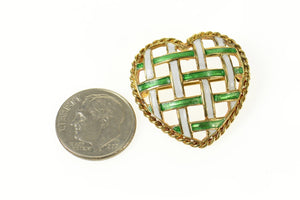 14K Retro Blue Green Enamel Woven Heart Pin/Brooch Yellow Gold