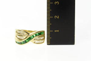14K Emerald Baguette Diamond Criss Cross Band Ring Size 8.25 Yellow Gold
