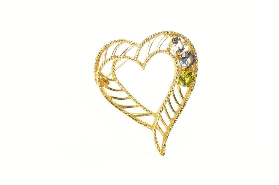 14K 1960's Retro Topaz CZ Peridot Striped Heart Pendant Yellow Gold
