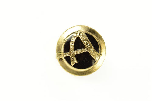 10K Ornate A Monogram Round Black Onyx Lapel Pin/Brooch Yellow Gold