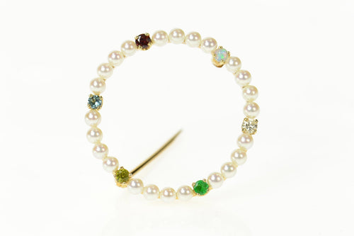 14K 1950's Pearl Diamond Emerald Opal Circle Pin/Brooch Yellow Gold