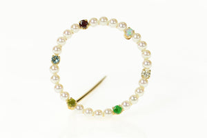 14K 1950's Pearl Diamond Emerald Opal Circle Pin/Brooch Yellow Gold