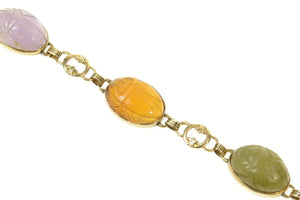 14K Carved Jade Onyx Scarab Statement Chain Bracelet 7.5" Yellow Gold