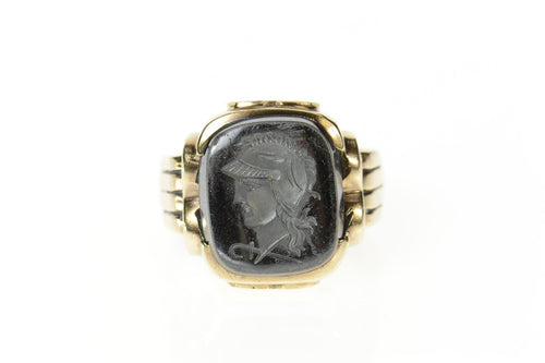 10K Carved Hematite Intaglio Soldier Men's Ring Size 9 Yellow Gold