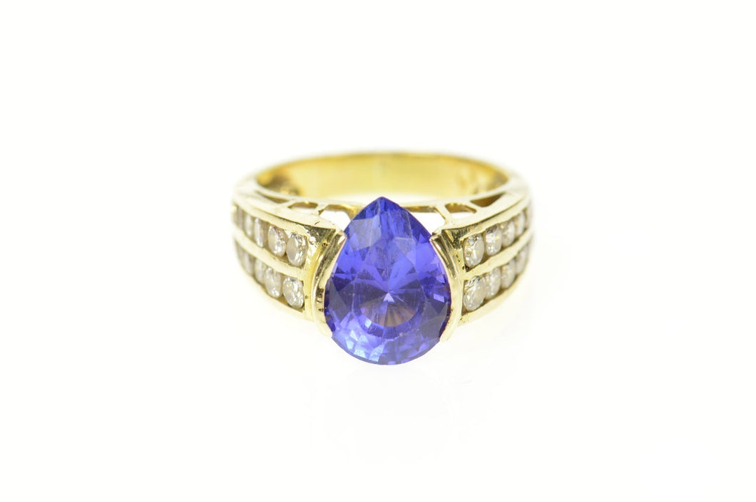 18K Pear Iolite Diamond Classic Statement Ring Size 5.25 Yellow Gold