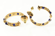 Load image into Gallery viewer, 14K Retro 1960&#39;s Blue Beaded Tambourine Hoop Earrings Yellow Gold