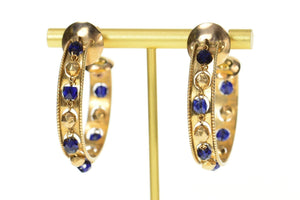 14K Retro 1960's Blue Beaded Tambourine Hoop Earrings Yellow Gold
