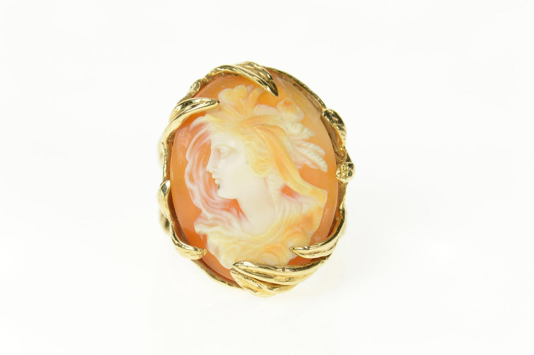 14K Ornate Carved Lady Shell Cameo Statement Ring Size 5.75 Yellow Gold
